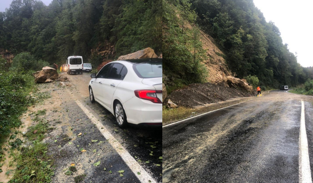 Giresun'da heyelan nedeniyle kayaların kapattığı yol ulaşıma açıldı