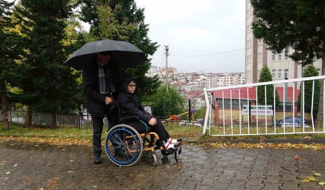 Giresun’da emekli öğretmen Mustafa Sarısaray, engelli torununu her gün tekerlik sandalyesi ile okula getirip götürüyor