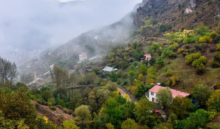 Sonbaharın etkisiyle göz alıcı manzaralar sunmaya başlayan tarihi mahallede sarı ve kırmızı yapraklar, yağmurun ardından yükselen sisle birleşince adeta bir kartpostal görüntüsü ortaya çıktı. 